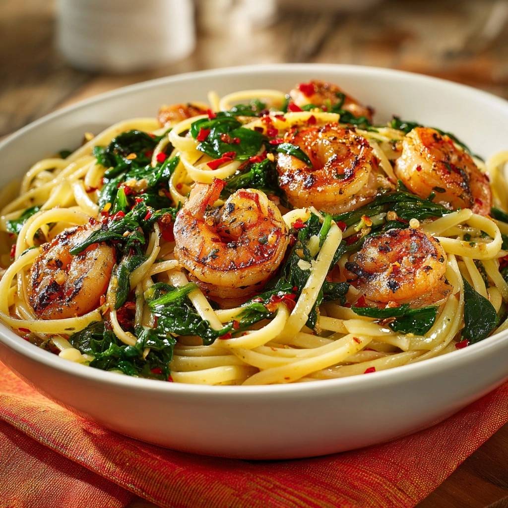 Knusprige Garnelen Spinat Spaghetti Nahaufnahme 1 Knusprige Garnelen-Spinat-Spaghetti in einer Nahaufnahme, die die gebratenen Garnelen und frischen Spinat zeigt, serviert in einer weißen Schüssel.
