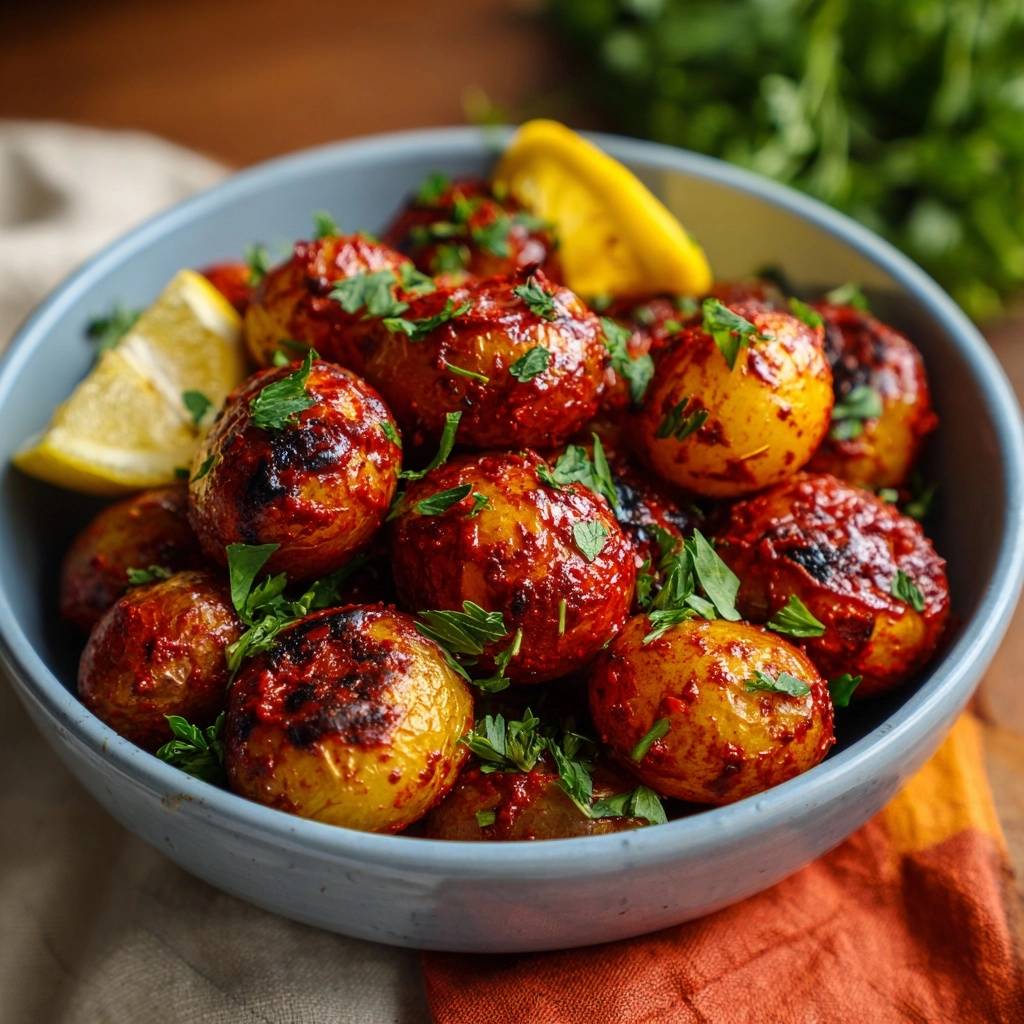 Knusprige Gewurz Babykartoffeln Serviert 1 Knusprige Gewürz-Babykartoffeln serviert in einer blauen Schüssel, garniert mit frischer Petersilie und Zitronenspalten. Ein köstliches vegetarisches Gericht.