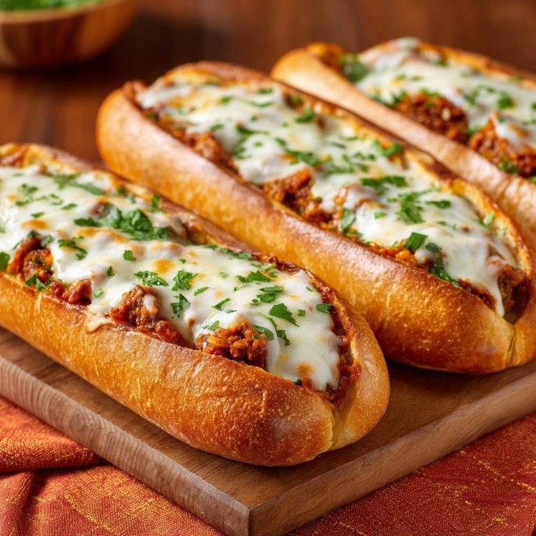 Knusprige Hackfleisch-Baguettes in Nahaufnahme, belegt mit geschmolzenem Käse und frischer Petersilie auf einem Holzbrett serviert.