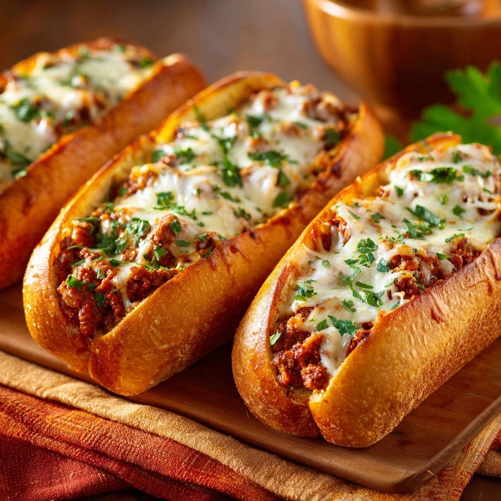 Knusprige Hackfleisch Baguettes Nahaufnahme Serviert 1 Knusprige Hackfleisch-Baguettes, serviert auf einem Holzbrett, zeigen eine Nahaufnahme mit geschmolzenem Käse und frischer Petersilie.