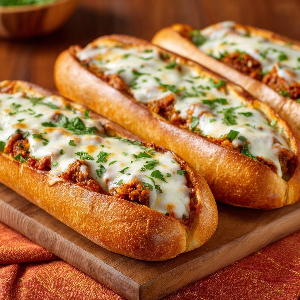 Knusprige Hackfleisch-Baguettes in Nahaufnahme, belegt mit geschmolzenem Käse und frischer Petersilie auf einem Holzbrett serviert.