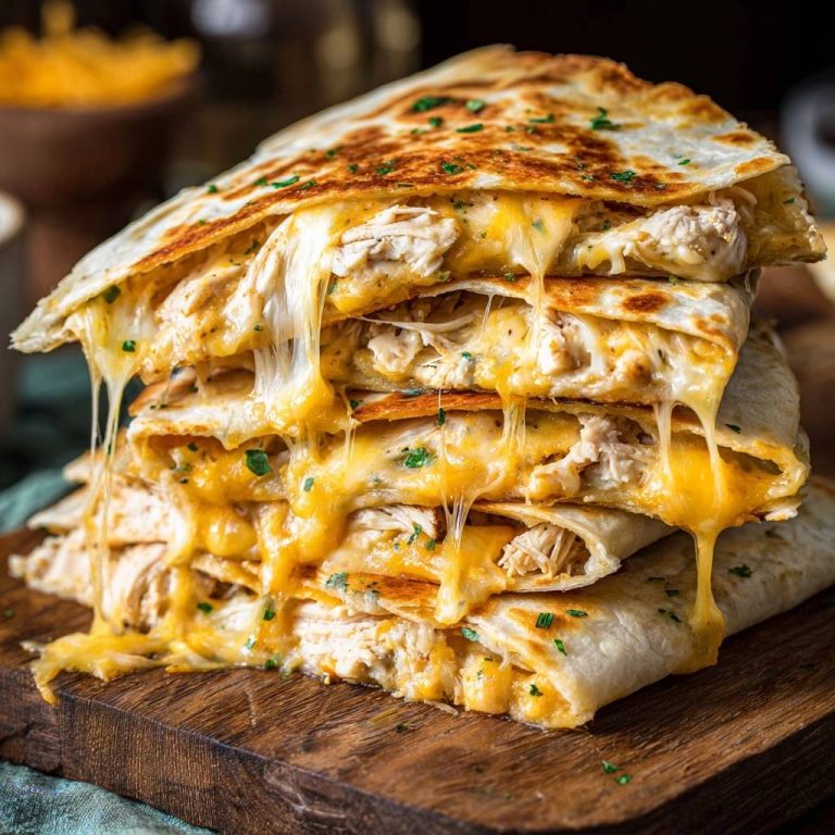 Knusprige Hähnchen-Quesadillas im Querschnitt, mit geschmolzenem Käse, der aus der Mitte herausläuft und die köstliche Füllung zeigt.