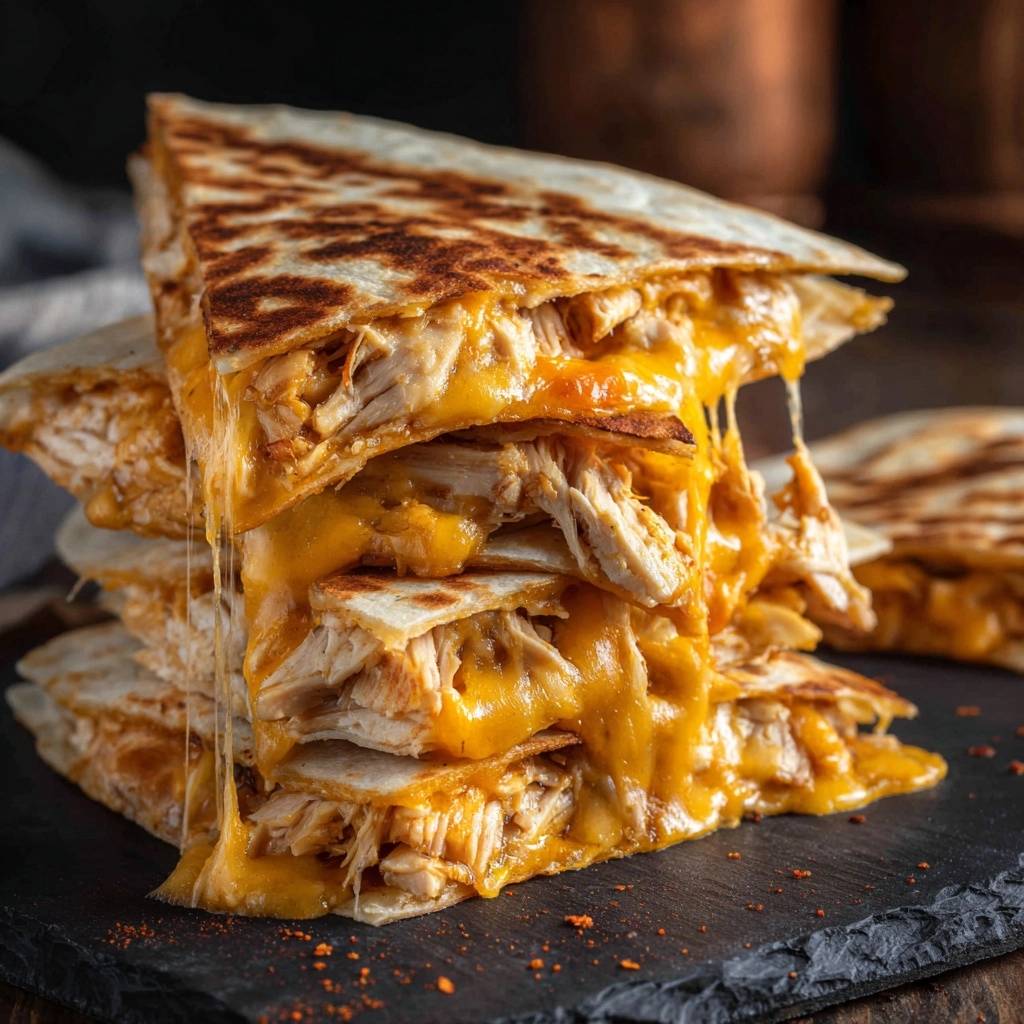 Knusprige Huhn Quesadillas Querschnitt Nahaufnahme 1 Knusprige Hähnchen-Quesadillas im Nahaufnahme-Querschnitt zeigen geschmolzenen Käse und zarte Hähnchenstücke zwischen den knusprigen Tortillas.