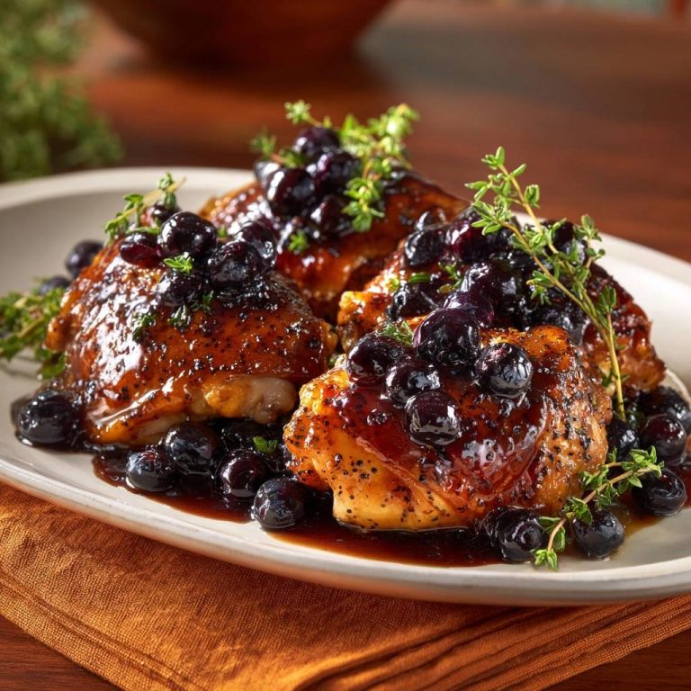 Knusprige Hähnchenschenkel mit Blaubeer-Thymian-Glaze serviert auf einem Teller, mit frischen Blaubeeren und Thymian garniert.