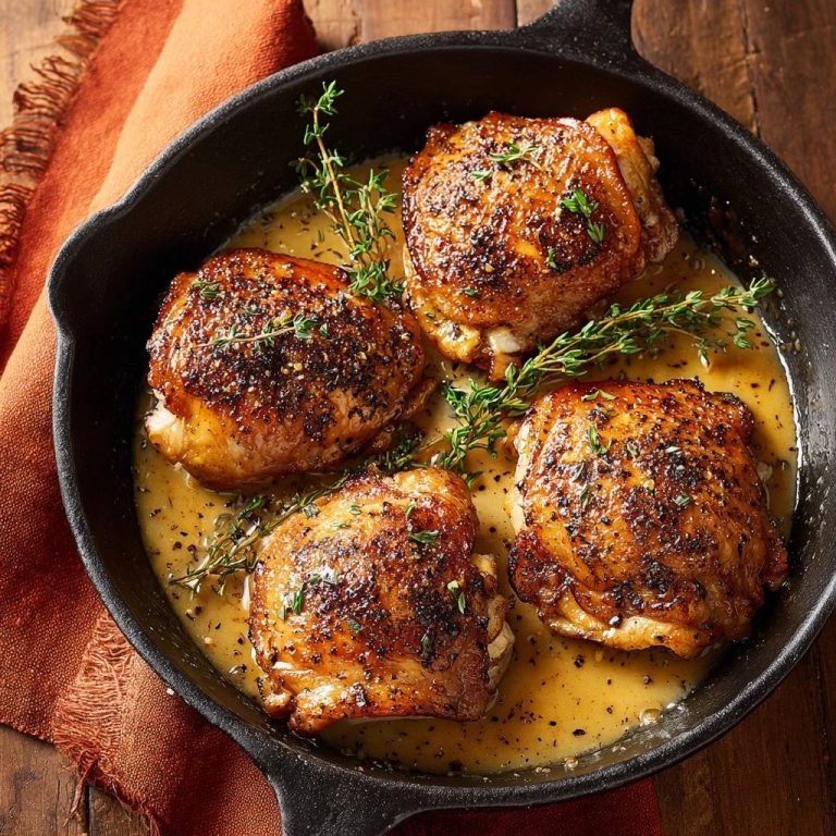 Knusprige Hähnchenschenkel mit Thymianbutter in einer gusseisernen Pfanne, serviert mit frischem Thymian und goldbrauner Sauce, von oben betrachtet.