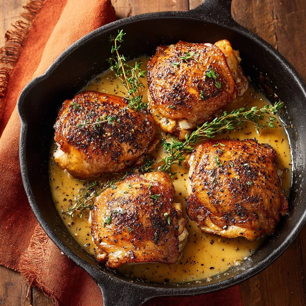 Knusprige Hähnchenschenkel mit Thymianbutter in einer gusseisernen Pfanne, serviert mit frischem Thymian und goldbrauner Sauce, von oben betrachtet.