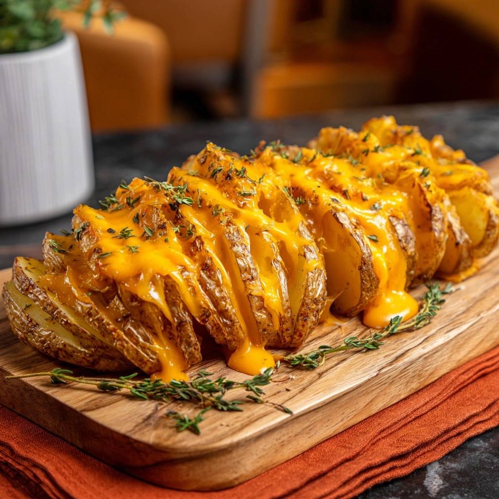 Knusprige Kaese Kartoffelrollen Mit Thymian Serviert 1 Knusprige Käse-Kartoffelrollen mit Thymian, serviert auf einem rustikalen Holzbrett, mit geschmolzenem Käse, der appetitlich herunterläuft.