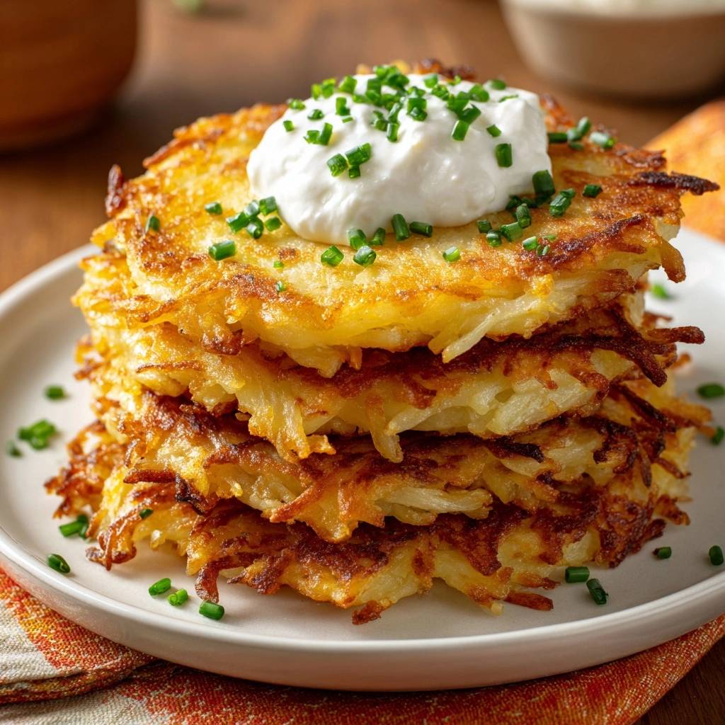 Knusprige Kartoffelpuffer Mit Schnittlauch Creme Serviert 1 Knusprige Kartoffelpuffer mit Schnittlauch-Creme serviert auf einem weißen Teller, garniert mit frischem Schnittlauch und einem Klecks Creme.
