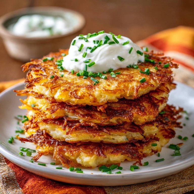 Knusprige Kartoffelpuffer mit Schnittlauch-Creme serviert auf einem Teller, garniert mit frischem Schnittlauch und einer großzügigen Sahnehaube.
