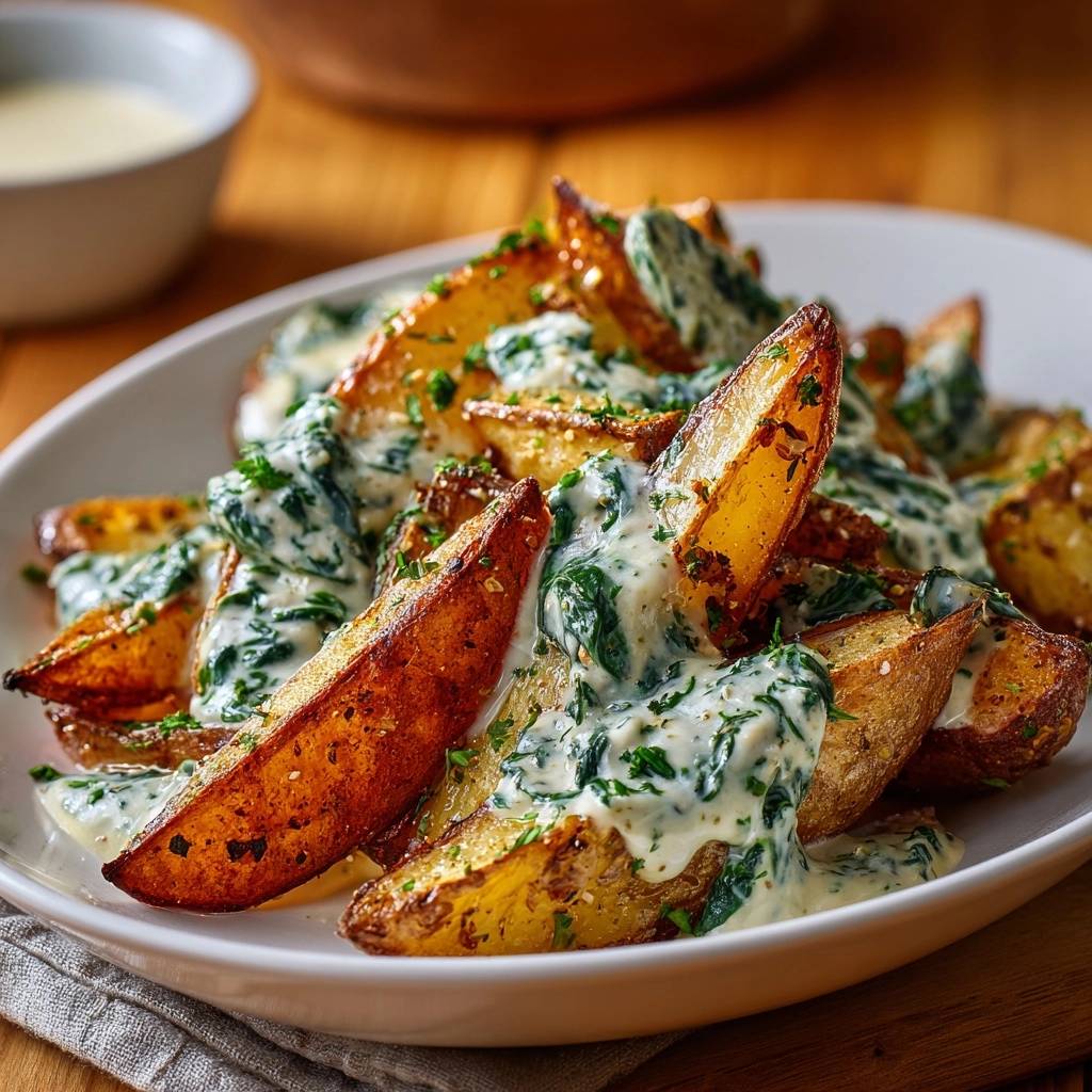 Knusprige Kartoffelwedges Mit Spinat Sahne Serviert 1 Knusprige Kartoffelwedges mit Spinat-Sahne, serviert auf einem weißen Teller, angerichtet mit cremiger Soße und frischen Kräutern.