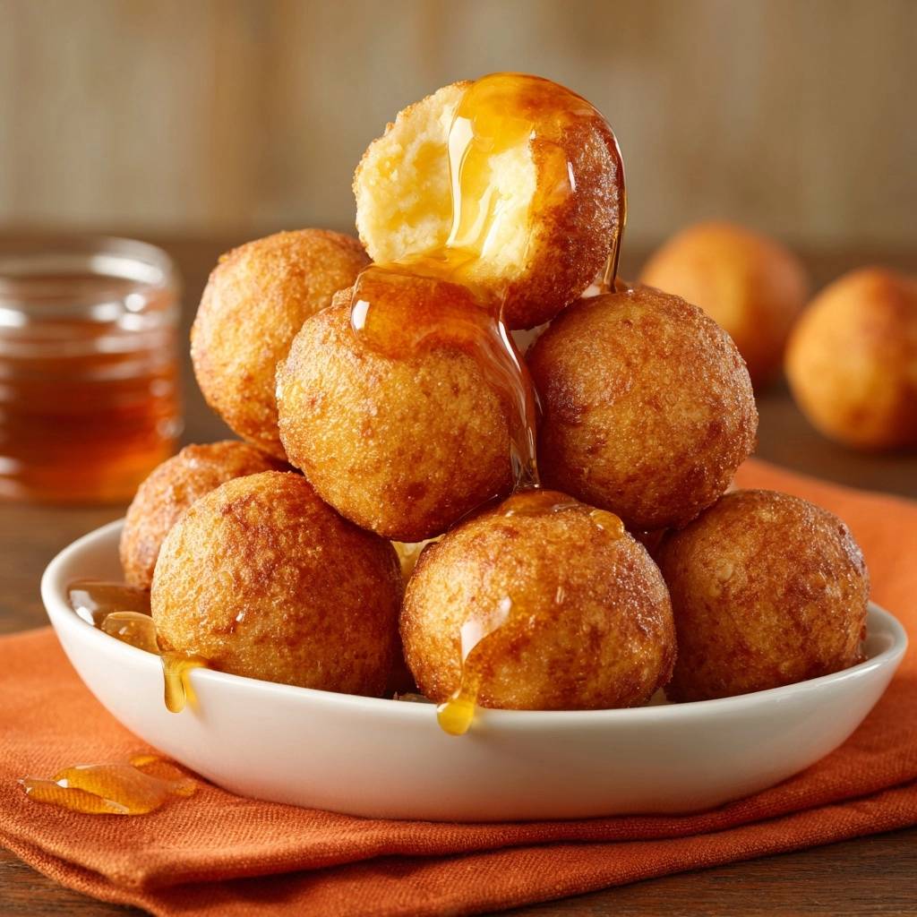 Knusprige Kase Honig Ballchen Querschnitt 1 Knusprige Käse-Honig-Bällchen mit einem angeschnittenen Ball, der den zarten Käse-Kern zeigt und mit Honig beträufelt wird.