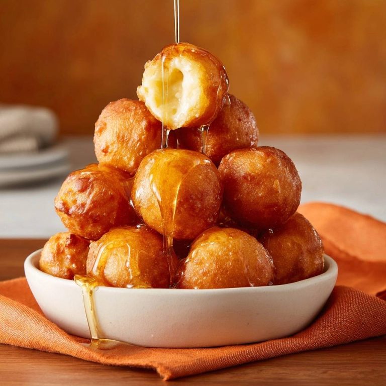 Knusprige Käse-Honig-Bällchen mit einem saftigen Querschnitt, aus dem Honig langsam herausfließt. Diese goldbraunen Bällchen sind perfekt.