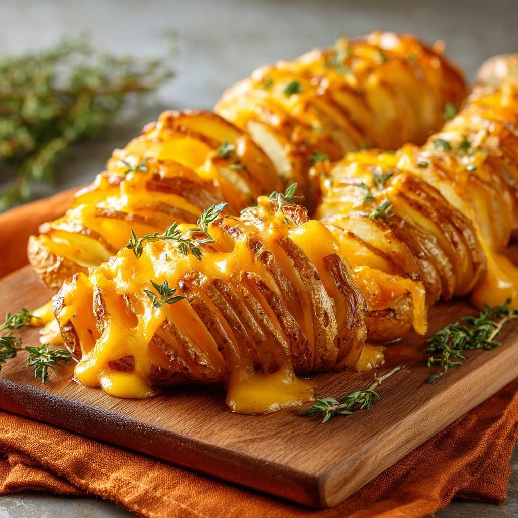 Knusprige Käse-Kartoffelrollen mit Thymian in Nahaufnahme, überzogen mit geschmolzenem Käse und frischen Kräutern auf einem Holzbrett serviert.