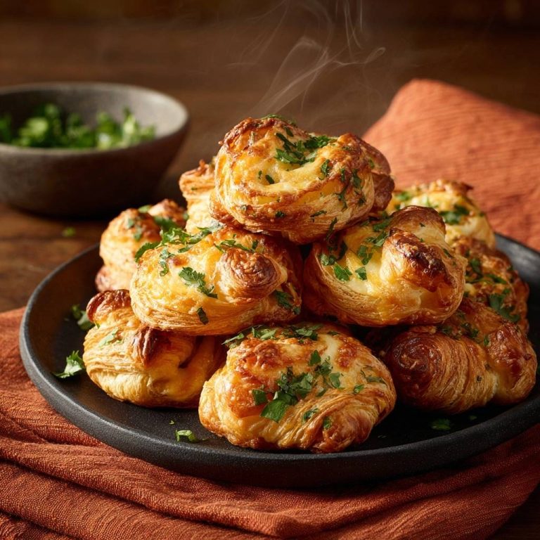 Knusprige Käse-Petersilie-Blätterteig-Puffs, frisch gebacken und mit Dampf, liegen auf einem schwarzen Teller und sind mit Petersilie garniert.