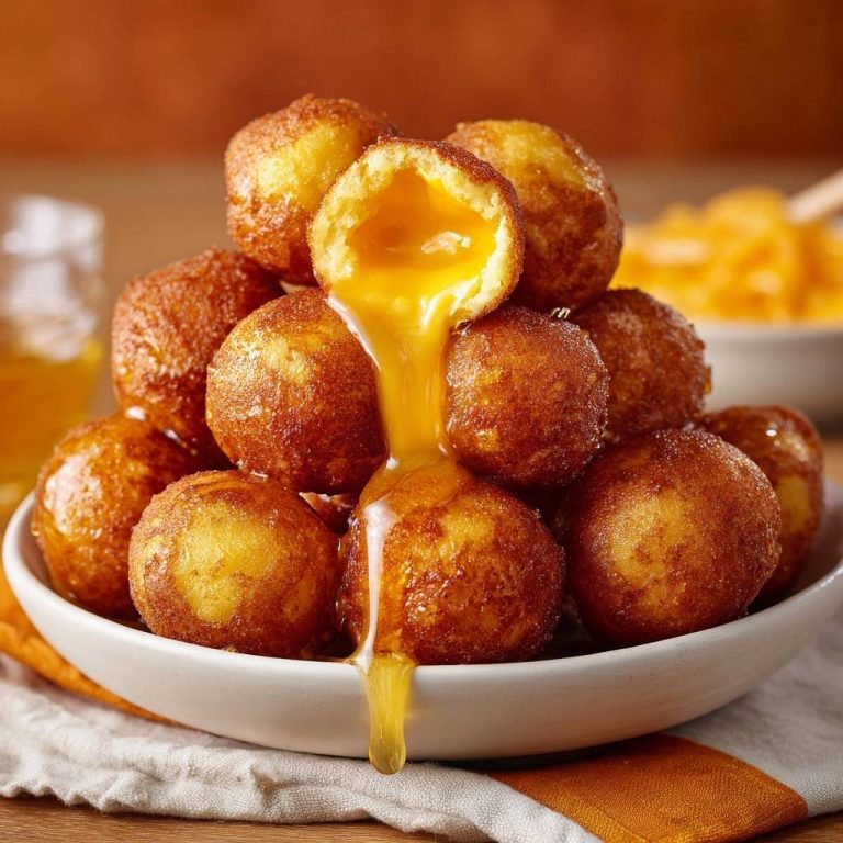 Knusprige Käsebomben mit Honig zeigen einen Anschnitt, aus dem geschmolzener Käse und Honig herausfließen. Diese goldbraunen Leckerbissen sind unwiderstehlich.