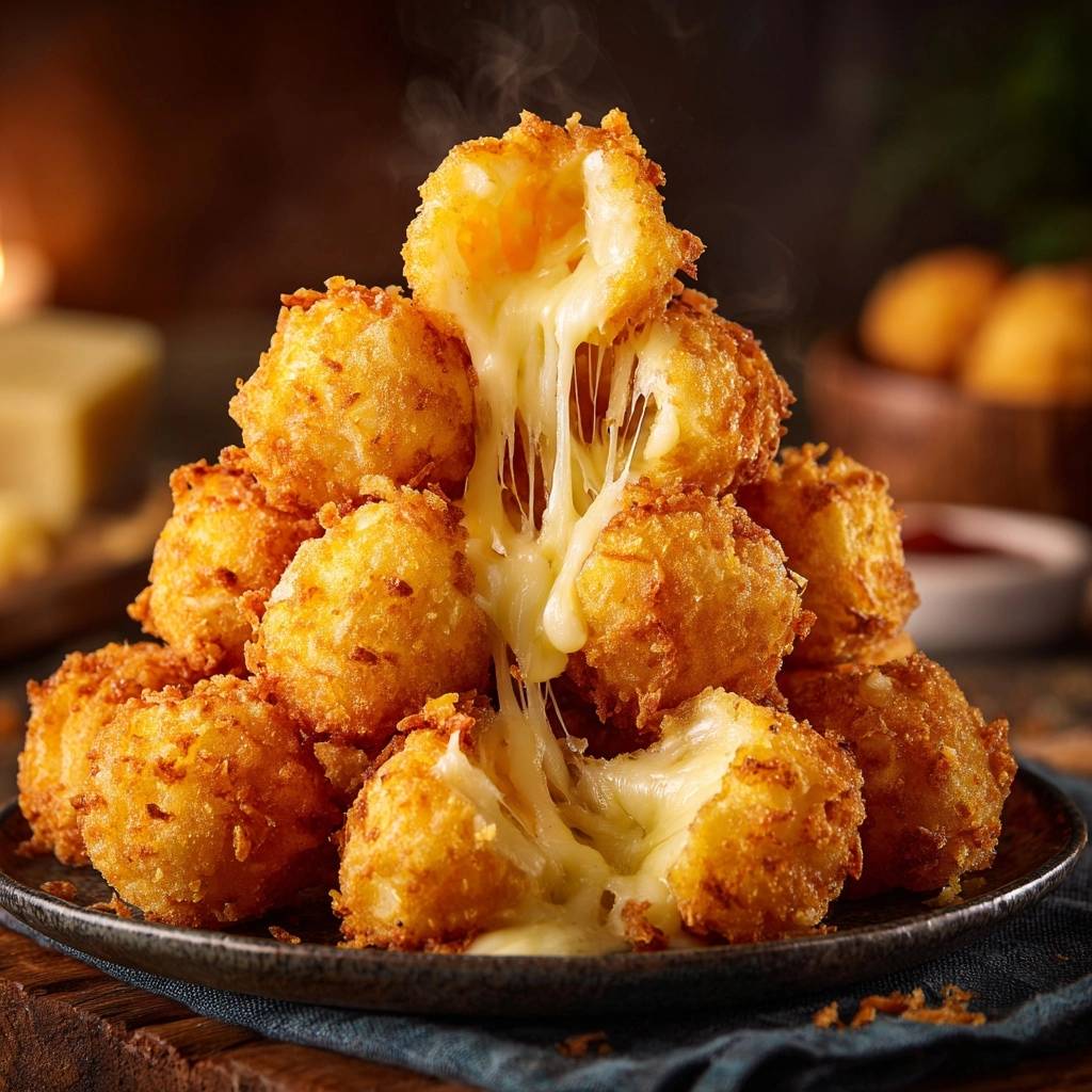 Knusprige Kasebomben Zerschnitten Kaese Zieht 1 Knusprige Käsebomben, die frisch zubereitet wurden, zeigen im Nahaufnahme ihren geschmolzenen Käse, der appetitlich herausquillt.