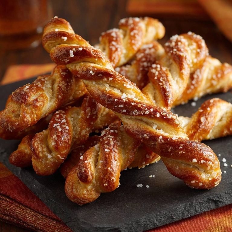 Knusprige Laugenbrezeln in Nahaufnahme, mit grobem Salz bestreut und goldbraun gebacken, auf einem dunklen Teller serviert.