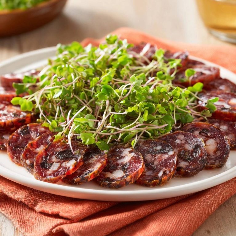 Knusprige Paprikawurst mit frischer Kresse serviert auf einem weißen Teller, garniert mit Microgreens, die perfekt zum rustikalen Aufschnitt passen.