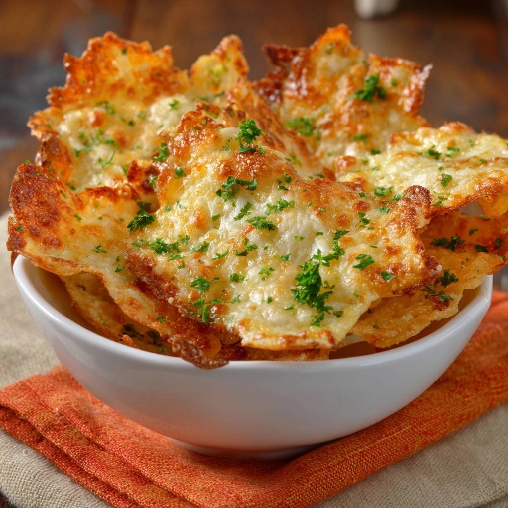 Knusprige Parmesan Chips Nahaufnahme Serviert 1 Knusprige Parmesan-Chips, serviert in einer weißen Schüssel, zeigen eine Nahaufnahme der goldbraunen, knusprigen Käse-Chips, garniert mit frischer Petersilie.