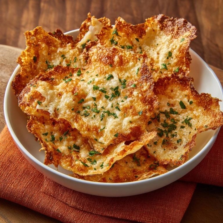 Knusprige Parmesan-Chips in einer weißen Schüssel serviert, garniert mit frischer Petersilie und perfekt goldbraun gebacken.