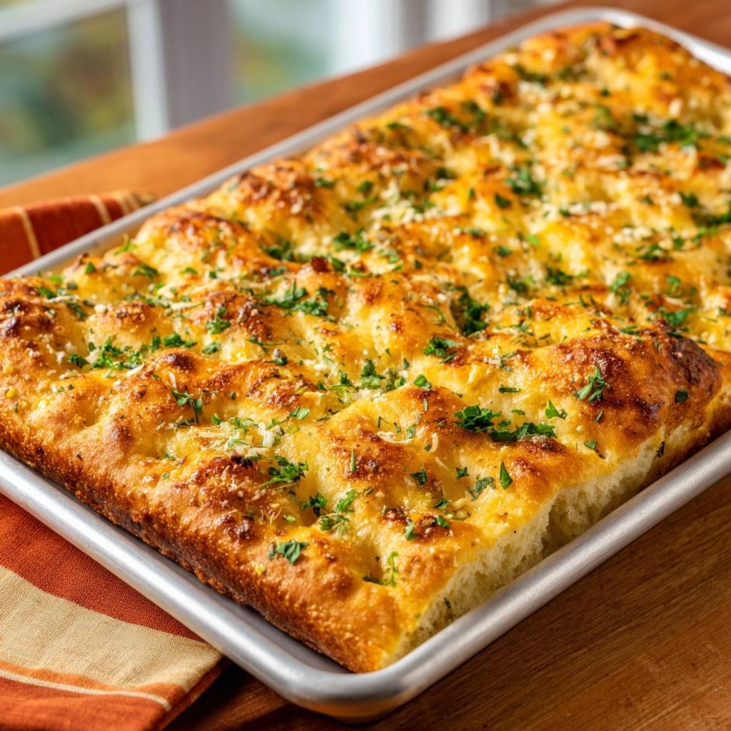 Knusprige Parmesan Focaccia Draufsicht 1 Knusprige Parmesan-Focaccia in einer Backform, serviert mit frischen Kräutern und knuspriger, goldbrauner Kruste, fertig zum Genießen.