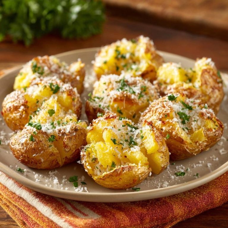 Knusprige Parmesan-Kartoffel-Happen serviert auf einem Teller. Die goldbraunen Kartoffeln sind mit Parmesan und frischer Petersilie garniert.