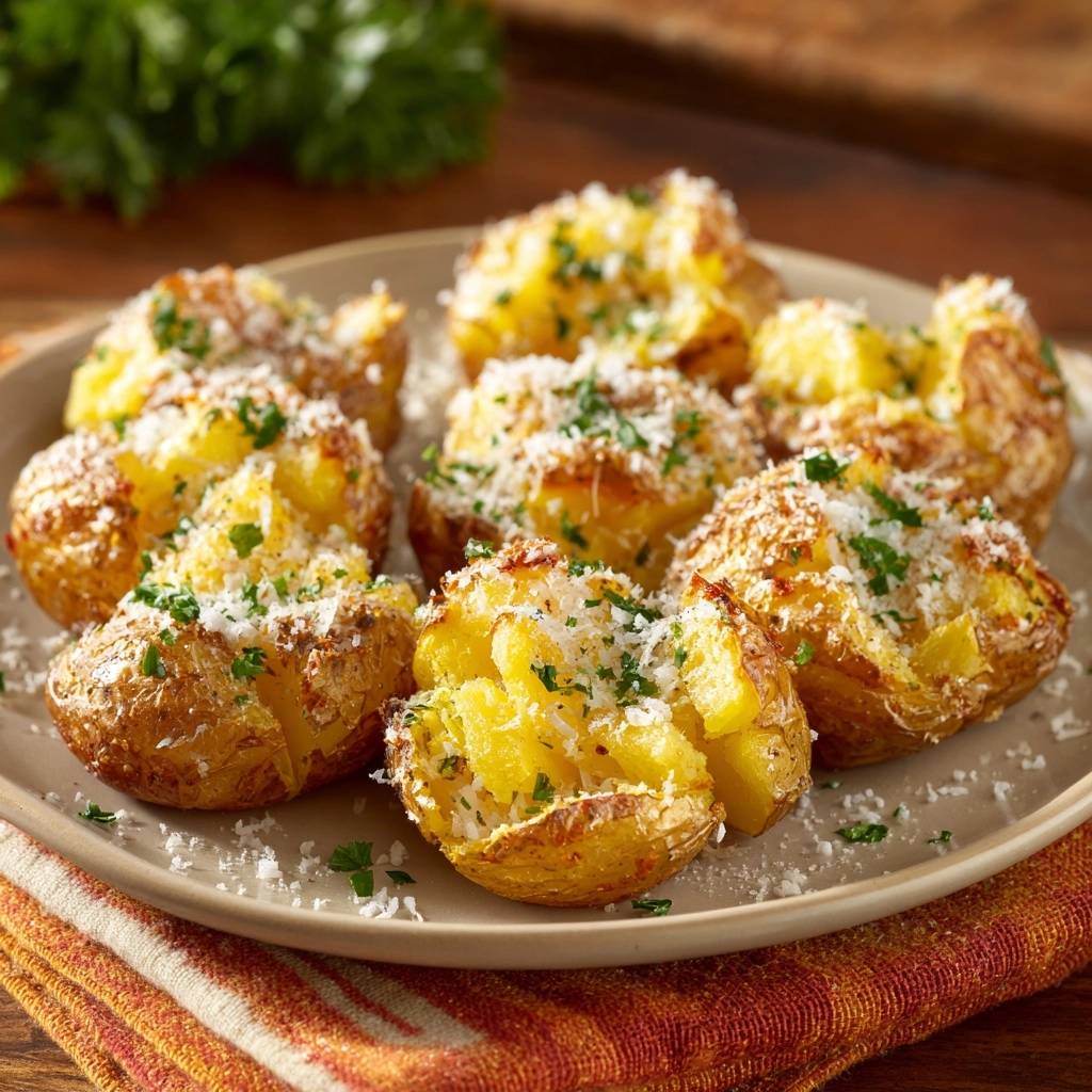 Knusprige Parmesan-Kartoffel-Happen serviert auf einem Teller. Die goldbraunen Kartoffeln sind mit Parmesan und frischer Petersilie garniert.