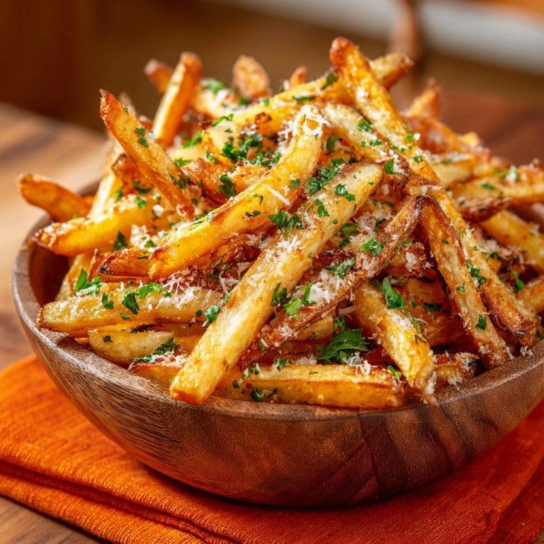 Knusprige Parmesan-Petersilie-Pommes in einer rustikalen Holzschüssel serviert, garniert mit frischer Petersilie und Parmesan.