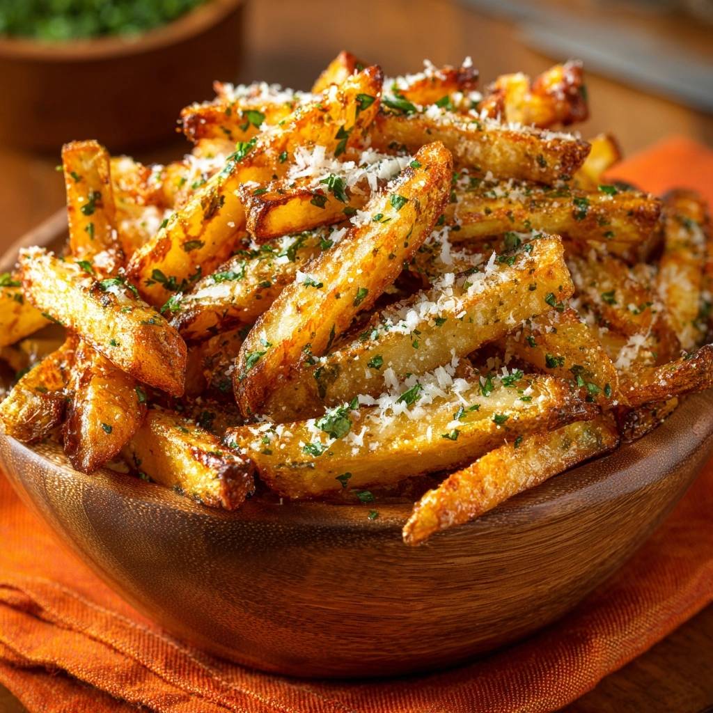 Knusprige Parmesan Petersilie Pommes Serviert 1 Knusprige Parmesan-Petersilie-Pommes serviert in einer rustikalen Holzschale, garniert mit frischer Petersilie und Parmesan.