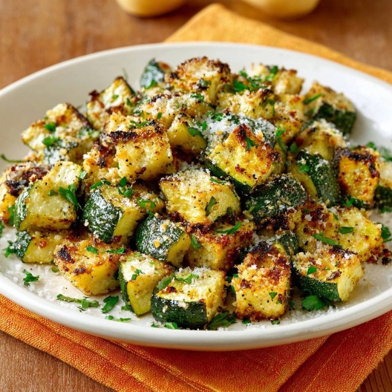 Knusprige Parmesan-Zucchini, serviert auf einem weißen Teller, garniert mit frischer Petersilie und geriebenem Parmesan. Die Zucchini-Stücke sind goldbraun gebraten.
