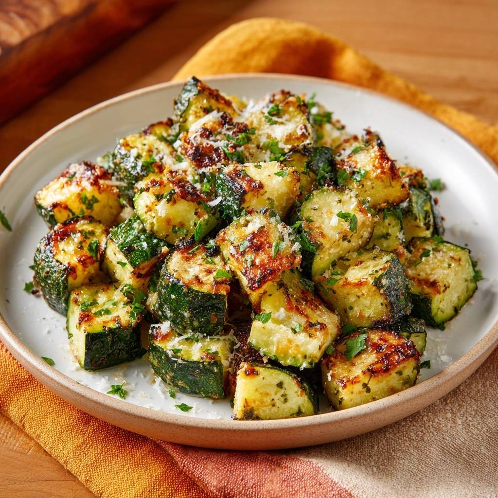 Knusprige Parmesan Zucchini Von Oben Serviert 1 Knusprige Parmesan-Zucchini, serviert auf einem weißen Teller, garniert mit frischer Petersilie und geriebenem Käse, von oben betrachtet.