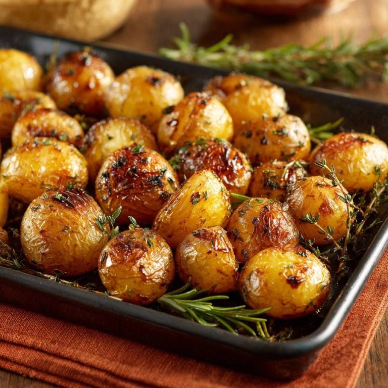 Knusprige Rosmarin-Babykartoffeln, serviert auf einem schwarzen Blech, mit frischen Rosmarinzweigen garniert und in goldbrauner Perfektion gebacken.