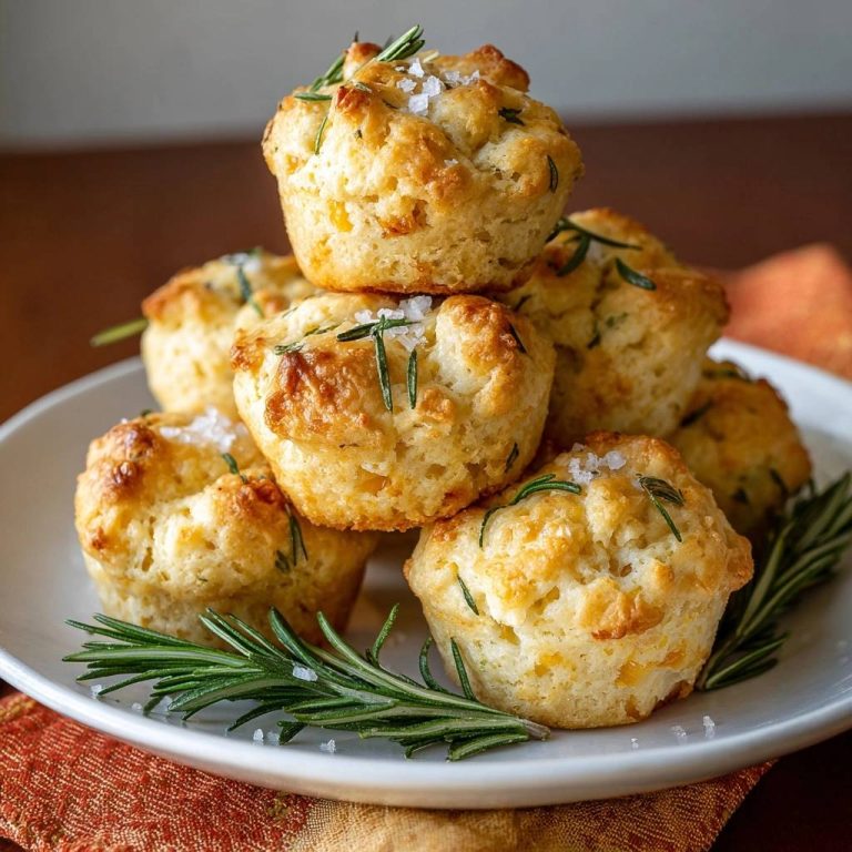 Knusprige Rosmarin-Käse-Muffins gestapelt auf einem Teller, garniert mit frischem Rosmarin und grobem Salz. Die Muffins sind frisch gebacken und sehen fluffig aus.