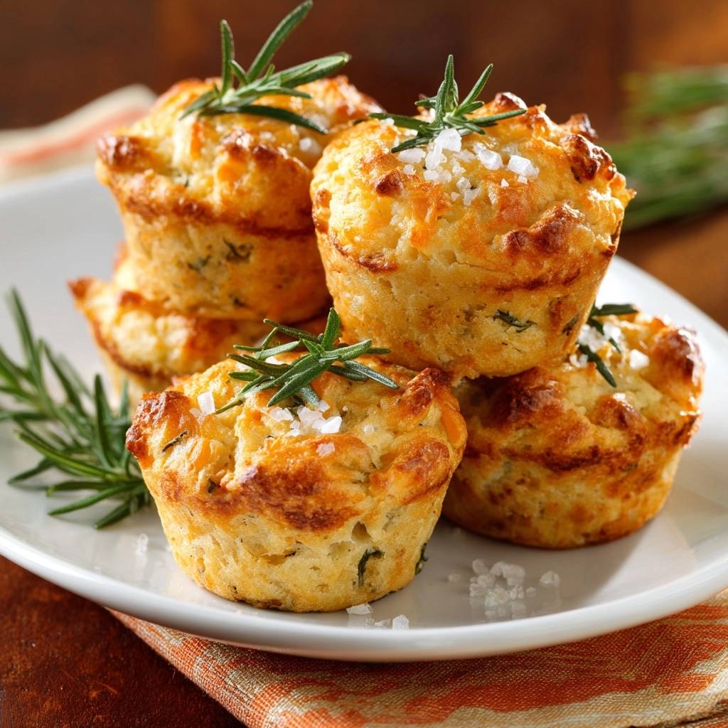Knusprige Rosmarin Kase Muffins Serviert 1 Knusprige Rosmarin-Käse-Muffins auf einem weißen Teller serviert, garniert mit frischem Rosmarin und grobem Salz.