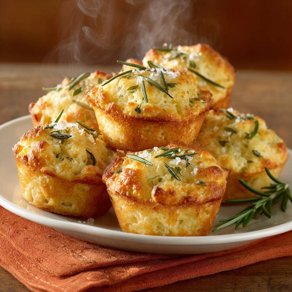 Knusprige Rosmarin Polenta Muffins Frisch Gebacken 1 Knusprige Rosmarin-Polenta-Muffins, frisch aus dem Ofen, dampfend serviert und mit Rosmarin und Salz garniert.