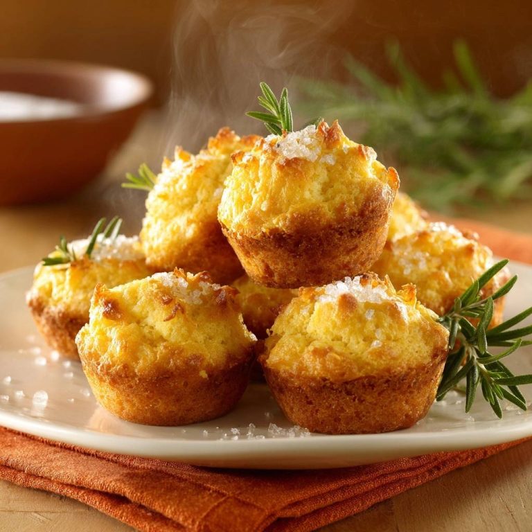 Knusprige Rosmarin-Polenta-Muffins, frisch gebacken und dampfend, angerichtet auf einem Teller und mit Rosmarinzweigen garniert. Die goldbraune Kruste lädt zum Genießen ein.