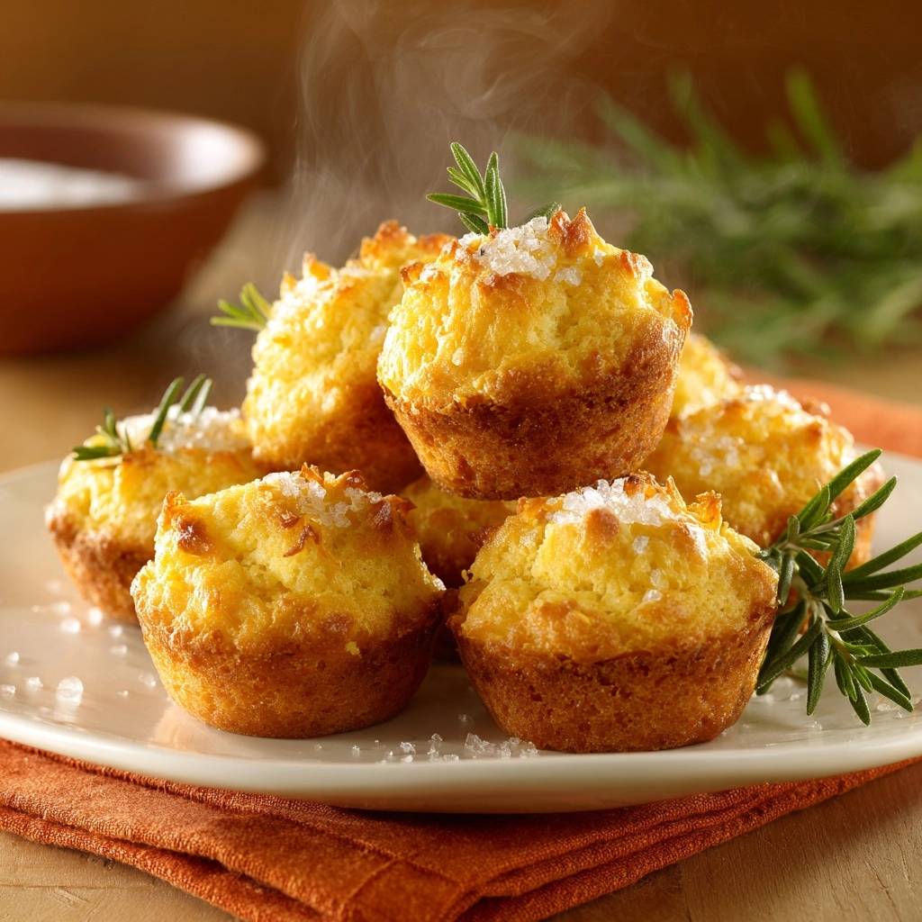 Knusprige Rosmarin-Polenta-Muffins, frisch gebacken und dampfend, angerichtet auf einem Teller und mit Rosmarinzweigen garniert. Die goldbraune Kruste lädt zum Genießen ein.