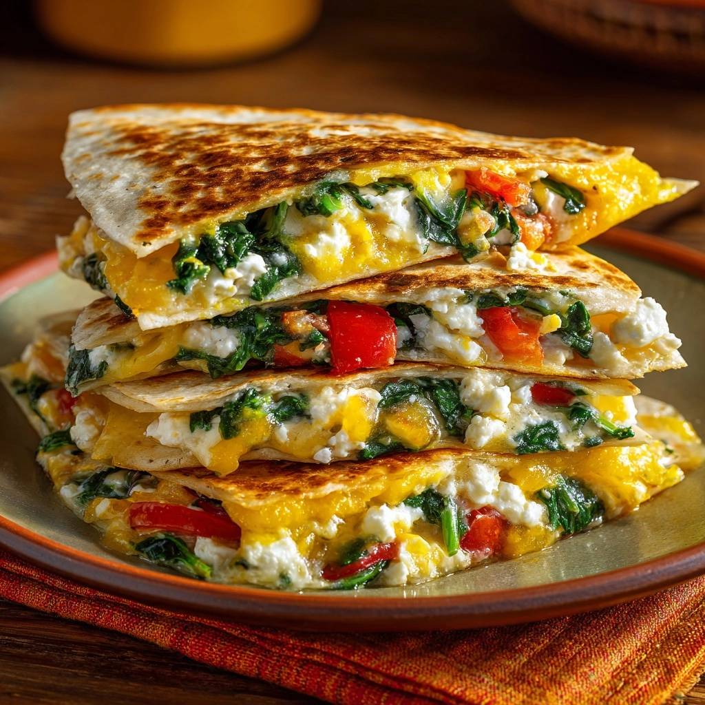 Knusprige Spinat Feta Paprika Quesadillas Querschnitt 1 Knusprige Spinat-Feta-Paprika-Quesadillas im Querschnitt, die eine köstliche Füllung aus Spinat, Feta und Paprika zeigen.