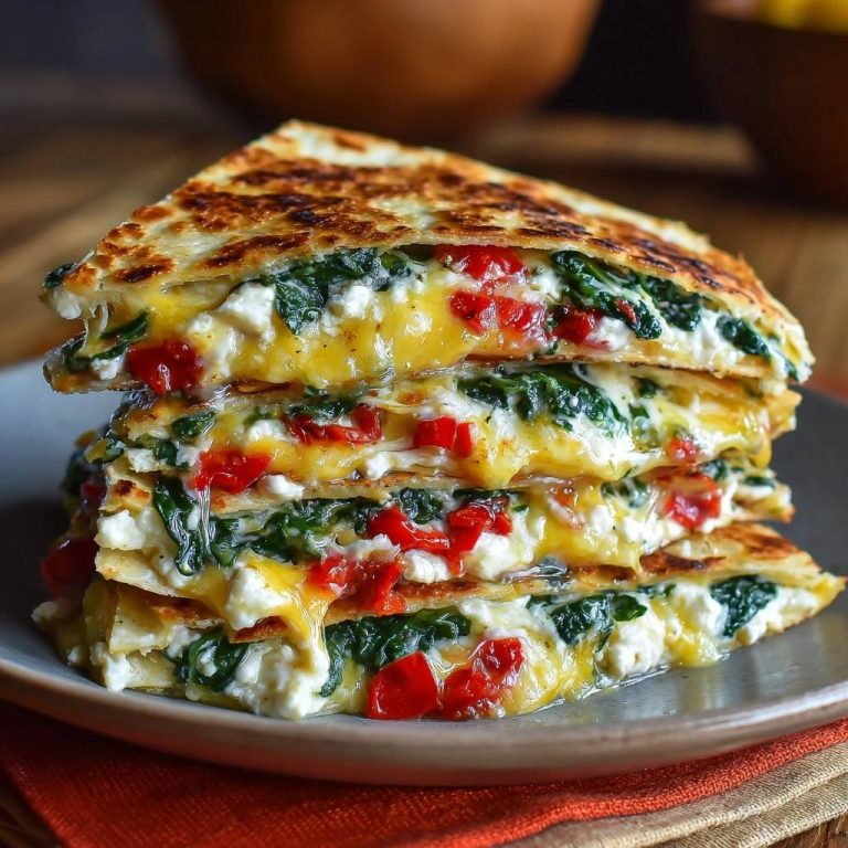 Knusprige Spinat-Feta-Paprika-Quesadillas im Querschnitt, die eine geschmolzene Käsefüllung mit Spinat und Paprika zeigen.
