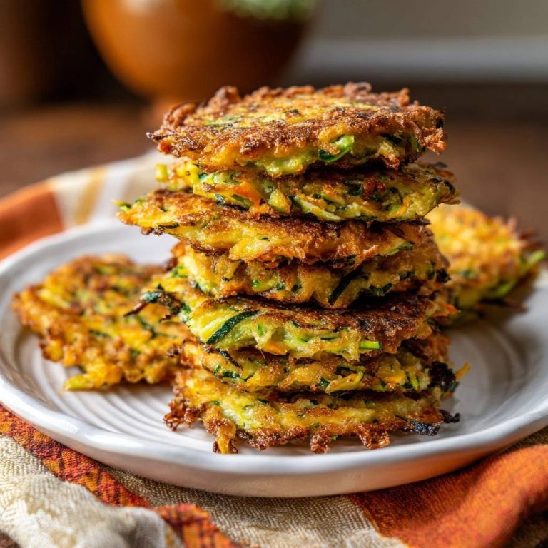 Knusprige Zucchini-Karotten-Puffer, auf einem Teller gestapelt. Die goldbraunen Puffer sind von oben fotografiert und sehen sehr appetitlich aus.