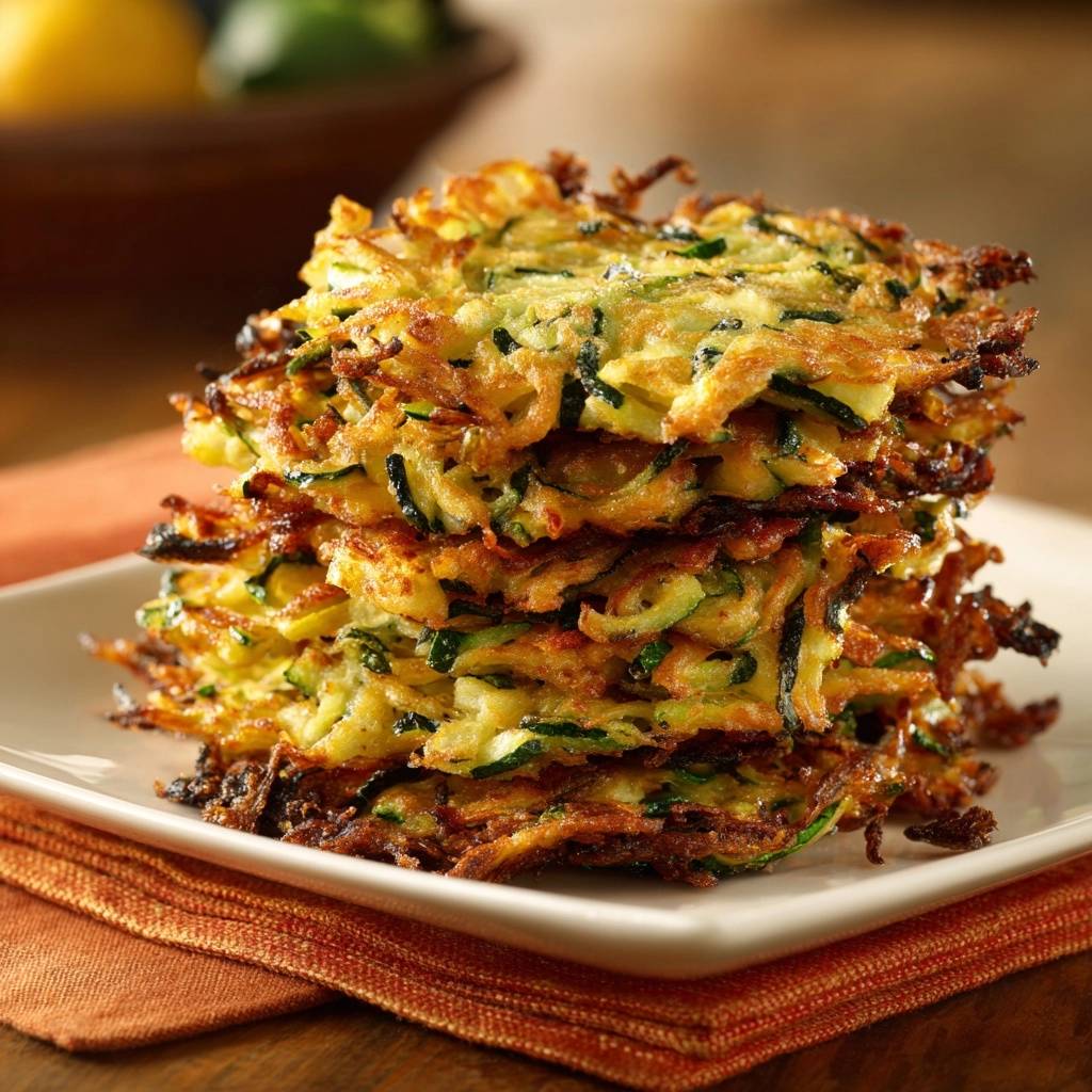Knusprige Zucchini Roesti Gestapelt 1 Knusprige Zucchini-Rösti, gestapelt auf einem weißen Teller, zeigen die knusprige Textur und die goldbraune Oberfläche. Die Rösti sehen unglaublich appetitlich aus.
