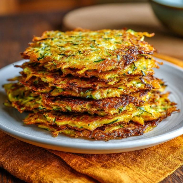 Knusprige Zucchini-Rösti, gestapelt auf einem Teller, zeigen die goldbraune, knusprige Textur. Diese hausgemachten Rösti sind ein köstliches Gericht.