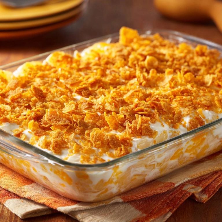 Knuspriger Ananas-Cornflake-Auflauf, serviert in einer Auflaufform, mit einer großzügigen Schicht knuspriger Cornflakes bedeckt.