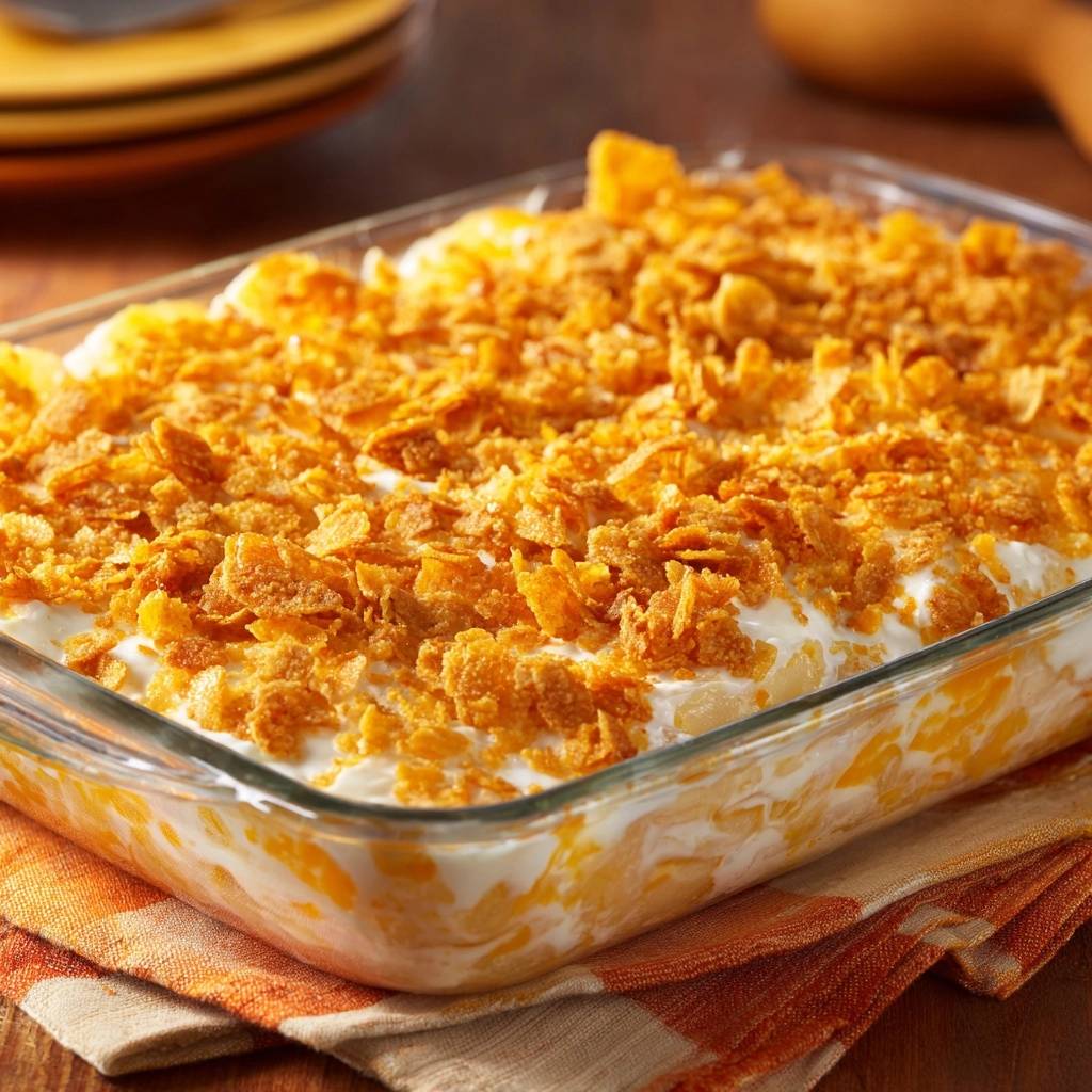 Knuspriger Ananas-Cornflake-Auflauf, serviert in einer Auflaufform, mit einer großzügigen Schicht knuspriger Cornflakes bedeckt.