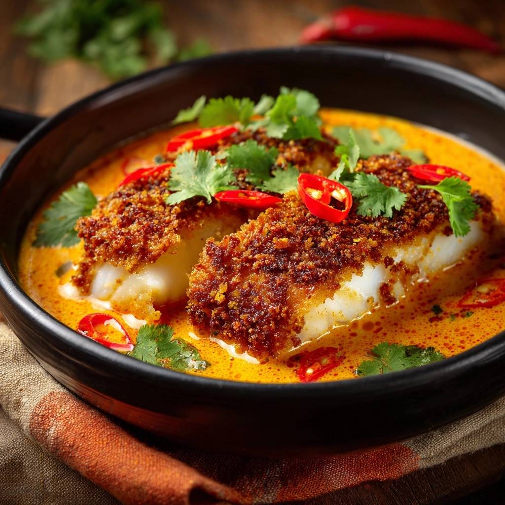 Knuspriger Fisch Thai Red Curry Draufsicht 1 Knuspriger Fisch im Thai-Red-Curry, serviert in einer Pfanne, garniert mit frischem Koriander und Chili-Ringen, in einer leuchtenden Curry-Sauce.