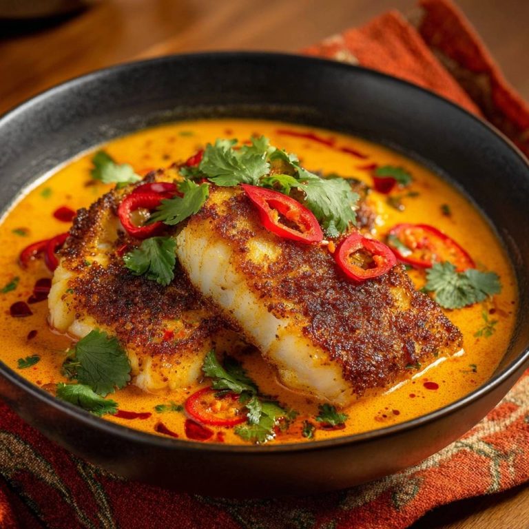 Knuspriger Fisch im Thai-Red-Curry, serviert in einer tiefen schwarzen Schüssel, garniert mit frischem Koriander und Chili-Ringen.
