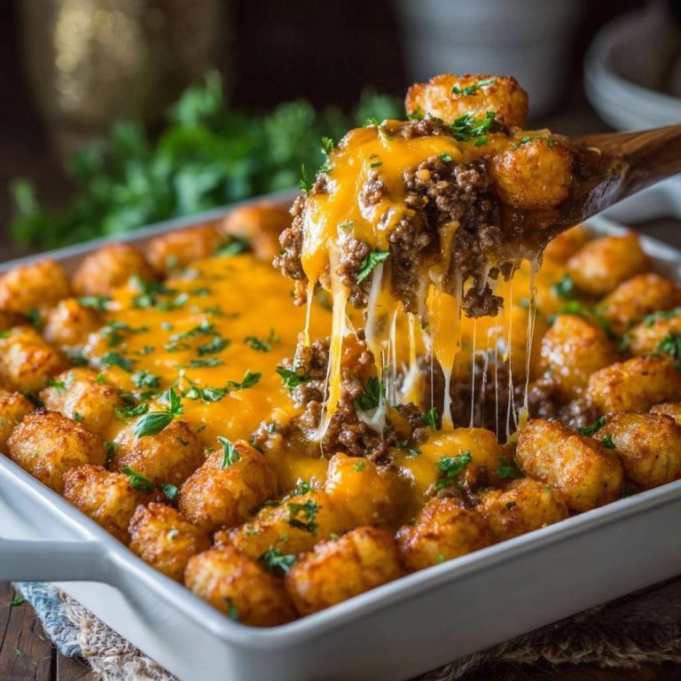 Knuspriger Hack-Nugget-Auflauf, serviert auf einem Holzlöffel, mit geschmolzenem Käse und frischen Kräutern.