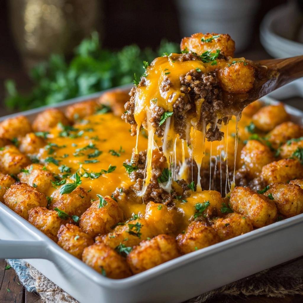 Knuspriger Hack-Nugget-Auflauf, serviert auf einem Holzlöffel, mit geschmolzenem Käse und frischen Kräutern.