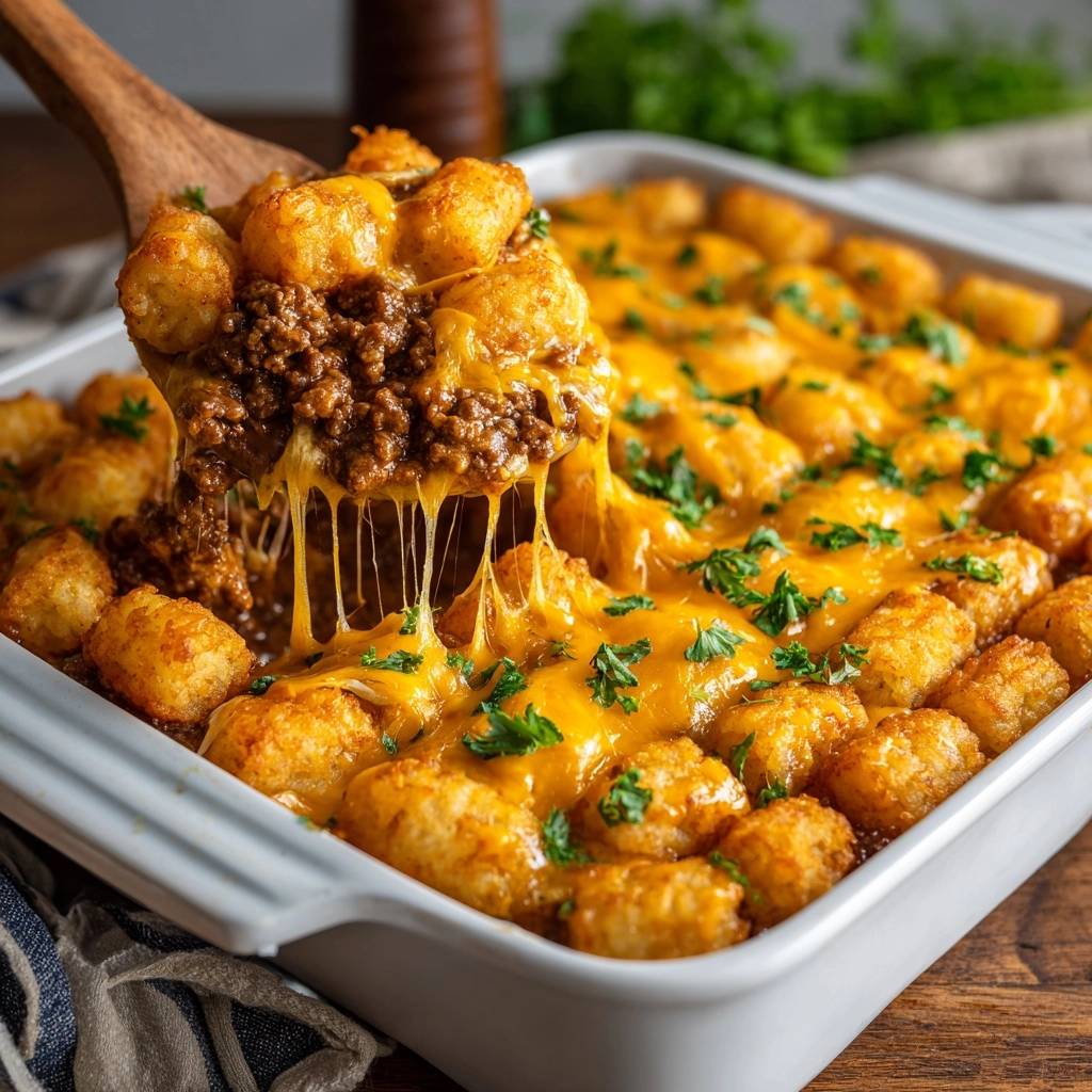 Knuspriger Hack Nugget Auflauf Kaese Zieht 1 Knuspriger Hack-Nugget-Auflauf mit schmelzendem Käse, der sich beim Abheben vom Löffel zieht, serviert in einer Auflaufform.