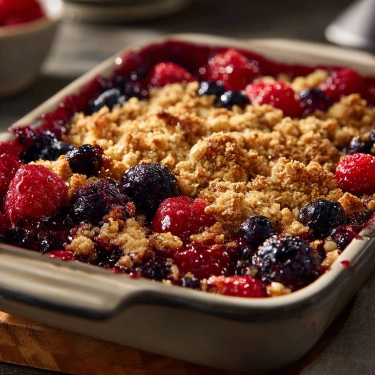 Knuspriger Himbeer-Blaubeer-Crumble in einer Auflaufform, mit einer Nahaufnahme der knusprigen Streusel und saftigen Beeren von oben.